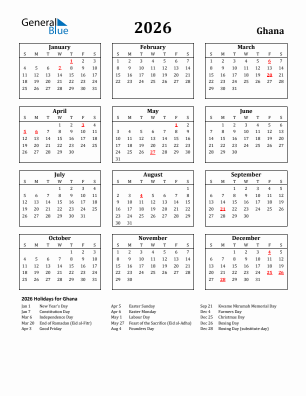 2026 Ghana Holiday Calendar - Sunday Start