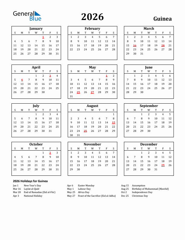 2026 Guinea Holiday Calendar - Sunday Start