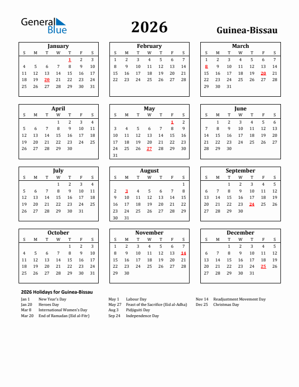 2026 Guinea-Bissau Holiday Calendar - Sunday Start