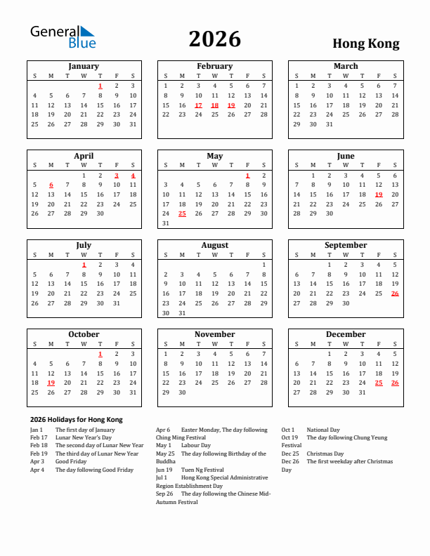 2026 Hong Kong Holiday Calendar - Sunday Start
