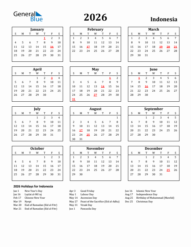 2026 Indonesia Holiday Calendar - Sunday Start