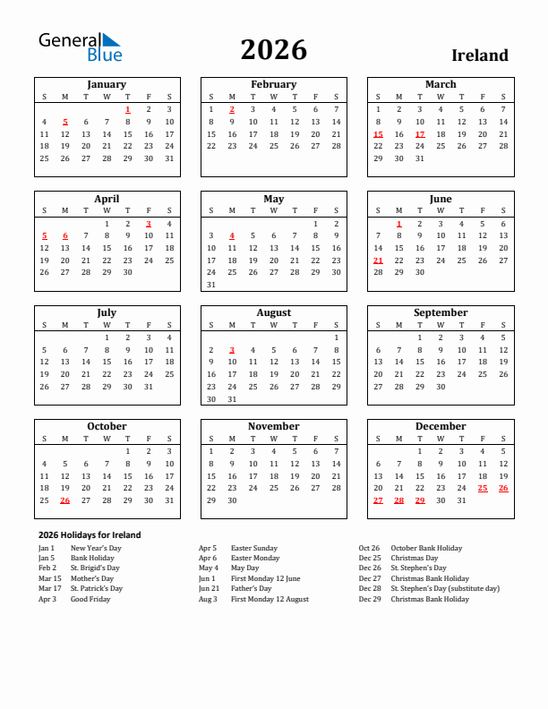 2026 Ireland Calendar With Holidays