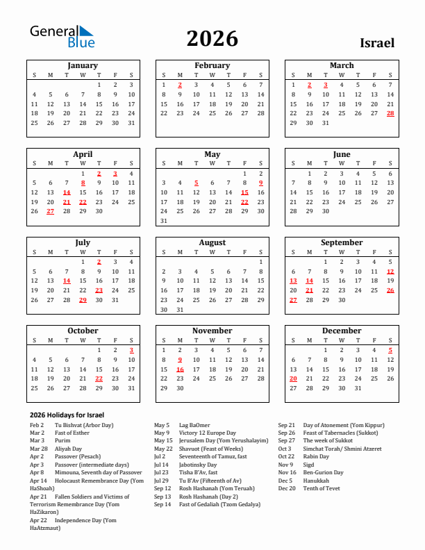 2026 Israel Holiday Calendar - Sunday Start