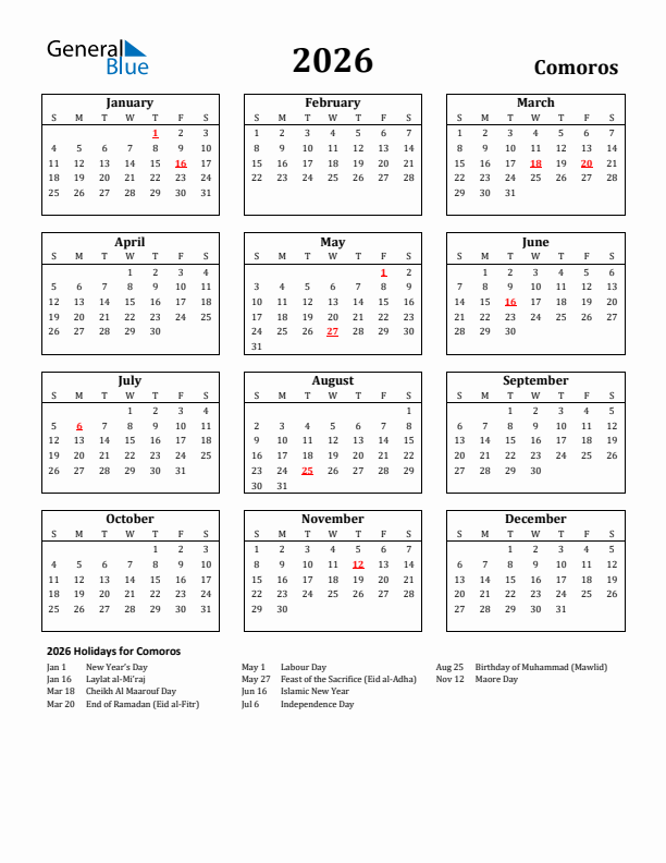 2026 Comoros Holiday Calendar - Sunday Start