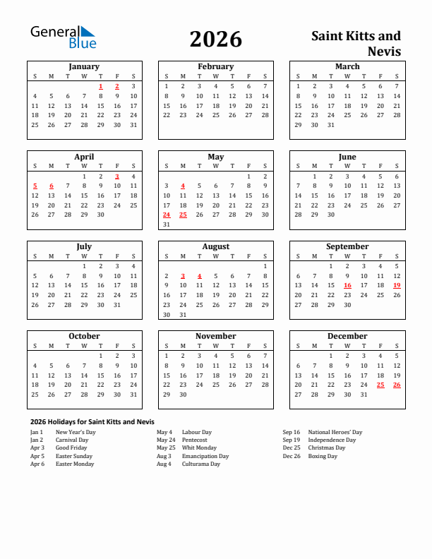2026 Saint Kitts and Nevis Holiday Calendar - Sunday Start