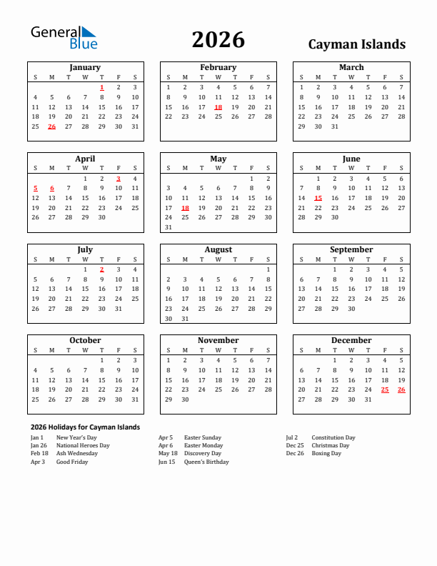 2026 Cayman Islands Holiday Calendar - Sunday Start