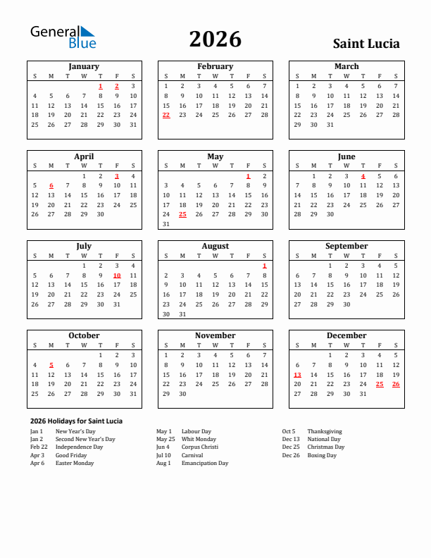 2026 Saint Lucia Holiday Calendar - Sunday Start