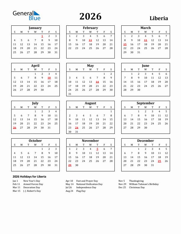 2026 Liberia Holiday Calendar - Sunday Start