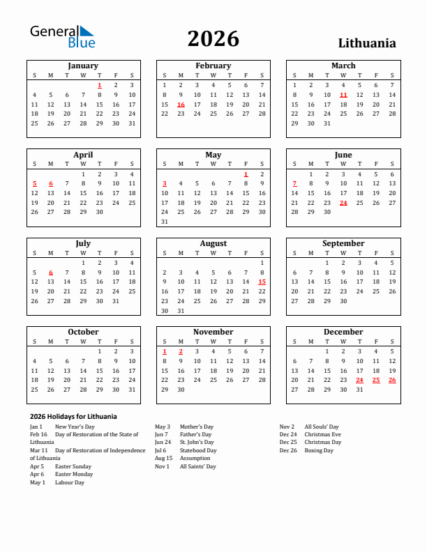 2026 Lithuania Holiday Calendar - Sunday Start