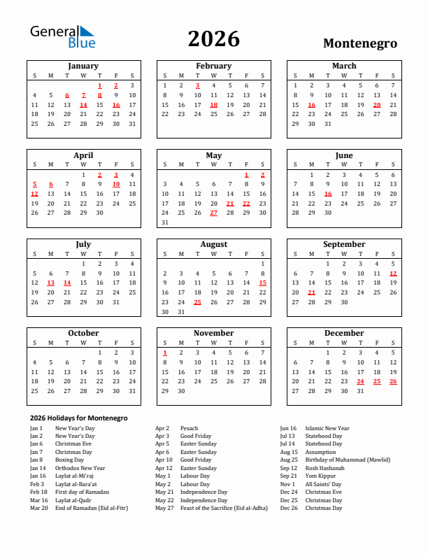 2026 Montenegro Holiday Calendar - Sunday Start