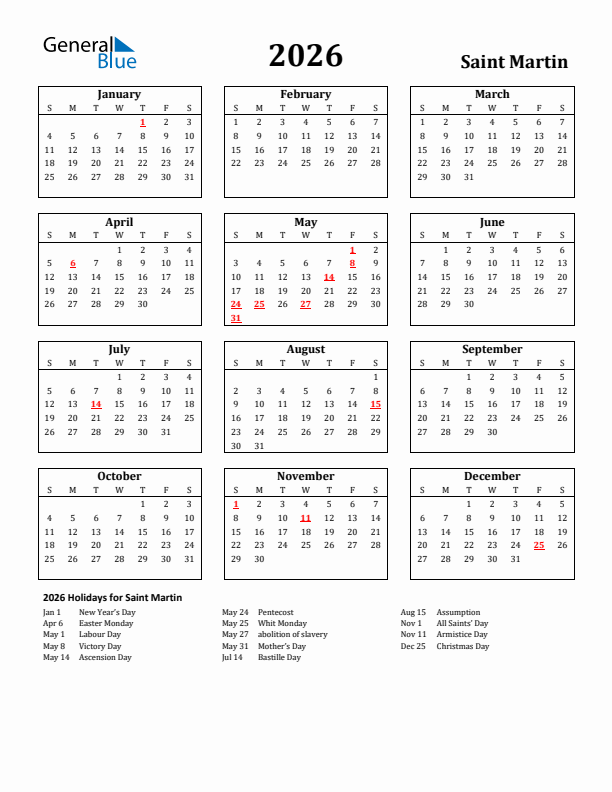 2026 Saint Martin Holiday Calendar - Sunday Start