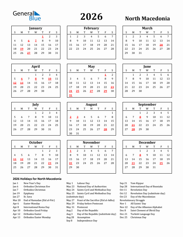 2026 North Macedonia Holiday Calendar - Sunday Start