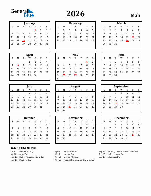 2026 Mali Holiday Calendar - Sunday Start