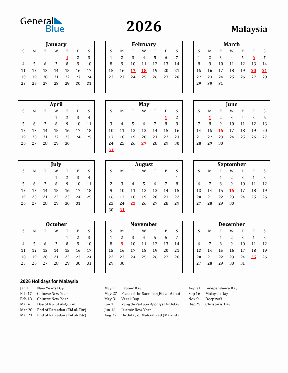 Free Printable 2026 Malaysia Holiday Calendar