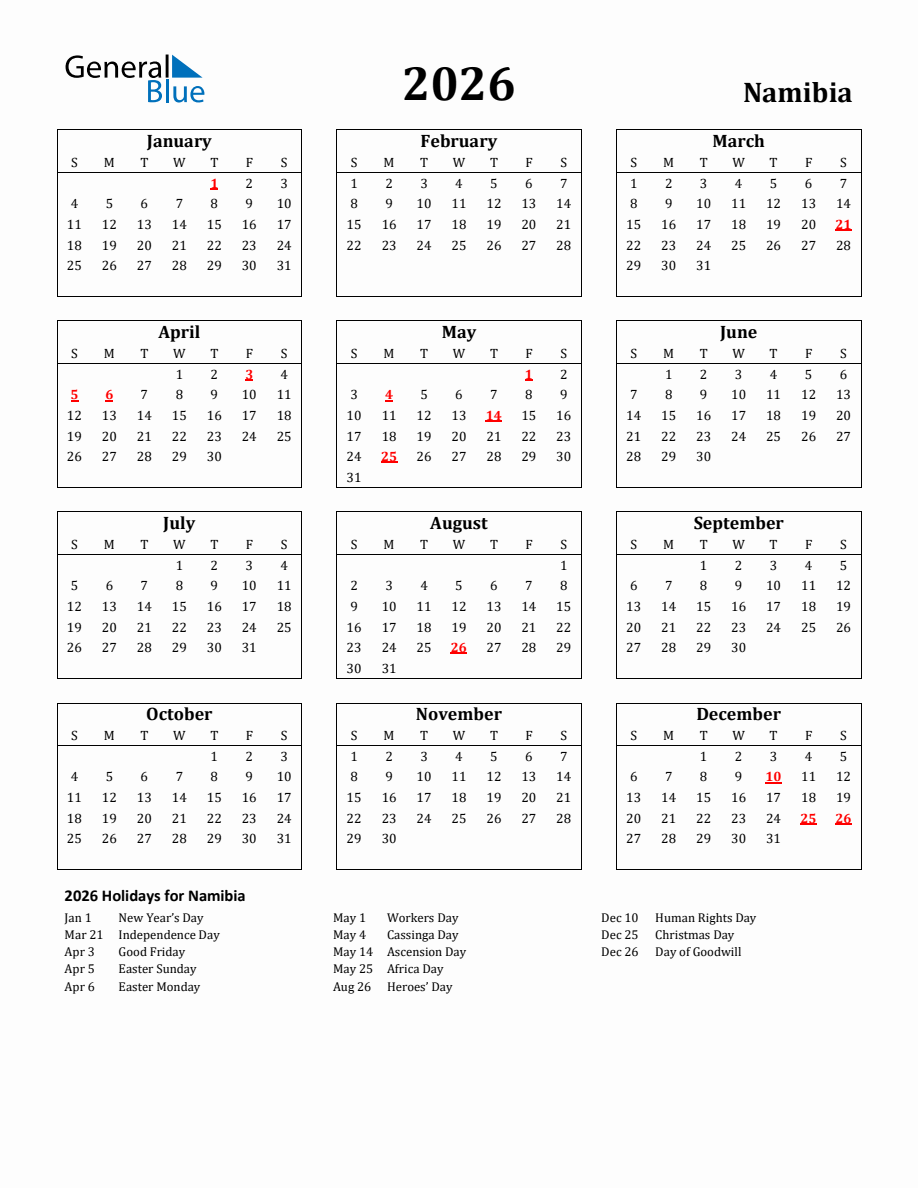 Free Printable 2026 Namibia Holiday Calendar