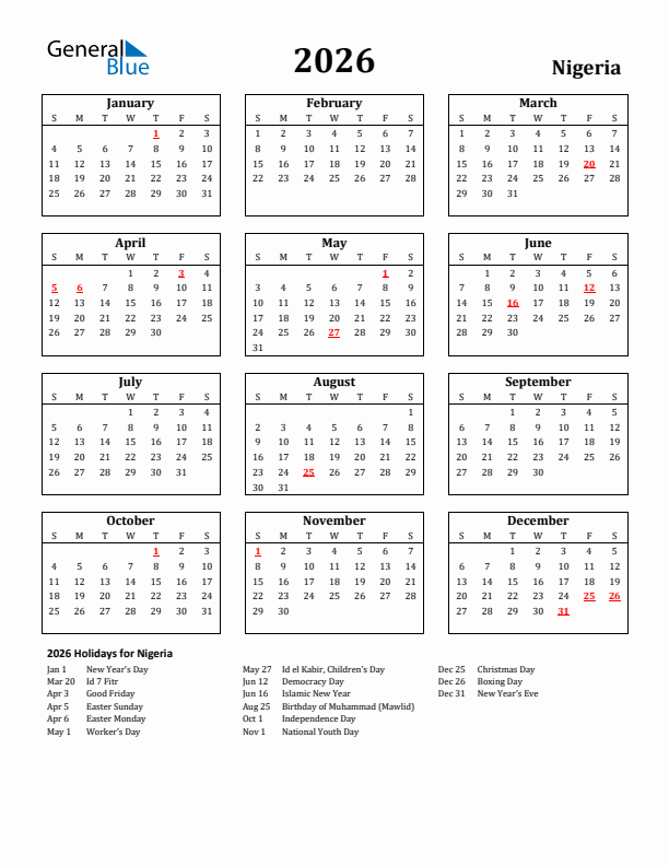 2026 Nigeria Holiday Calendar - Sunday Start