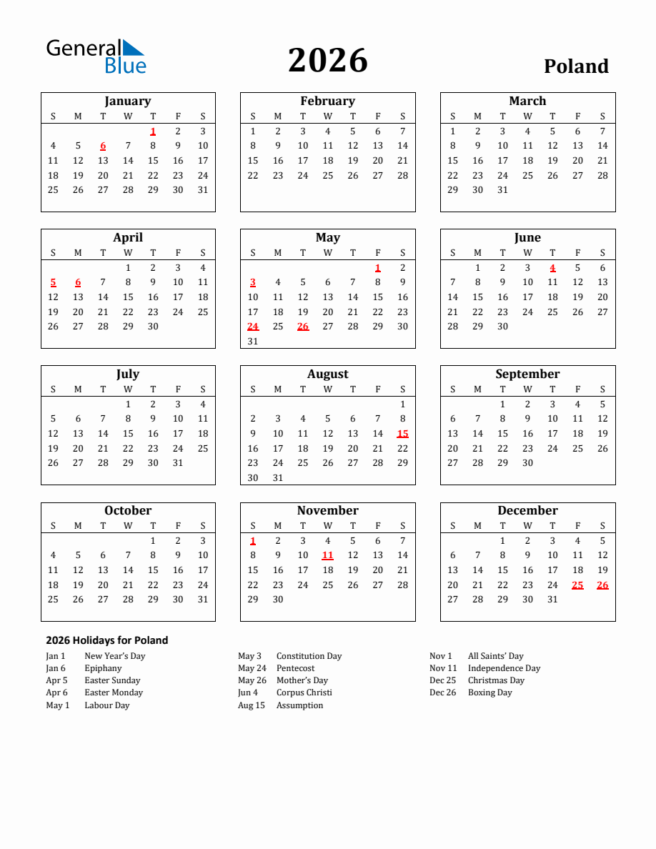 Free Printable 2026 Poland Holiday Calendar free-printable-2026-poland-holiday-calendar
