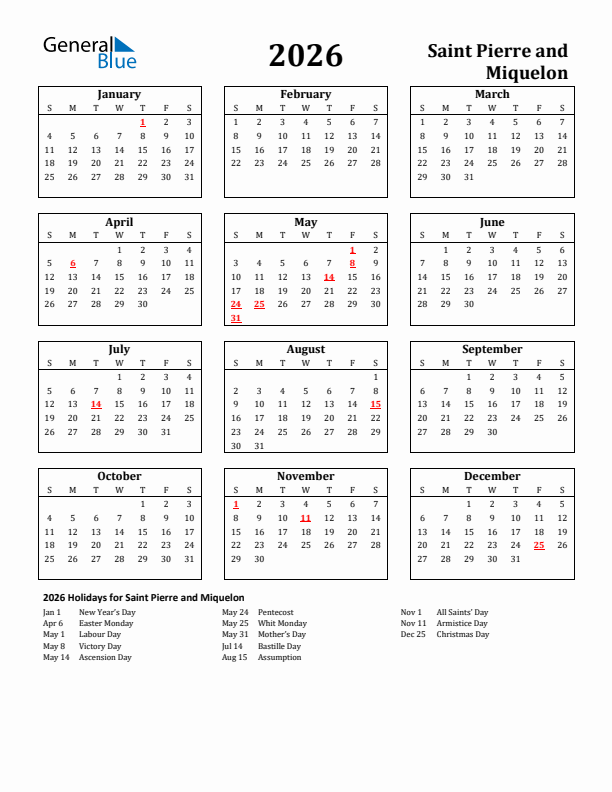 2026 Saint Pierre and Miquelon Holiday Calendar - Sunday Start