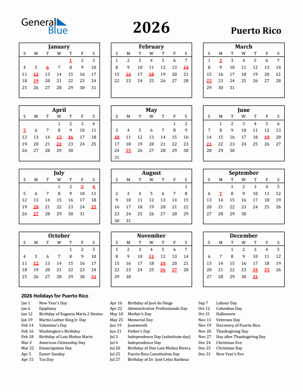 2026 Puerto Rico Holiday Calendar - Sunday Start
