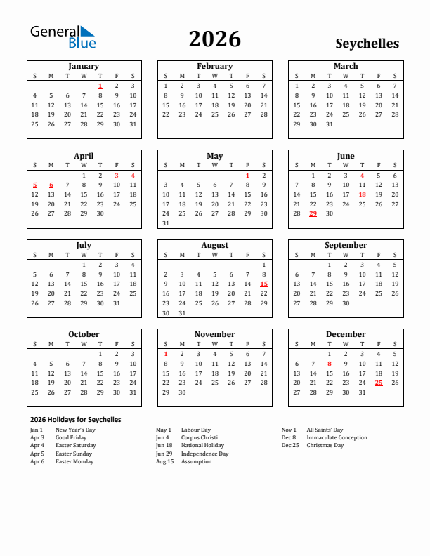 2026 Seychelles Holiday Calendar - Sunday Start