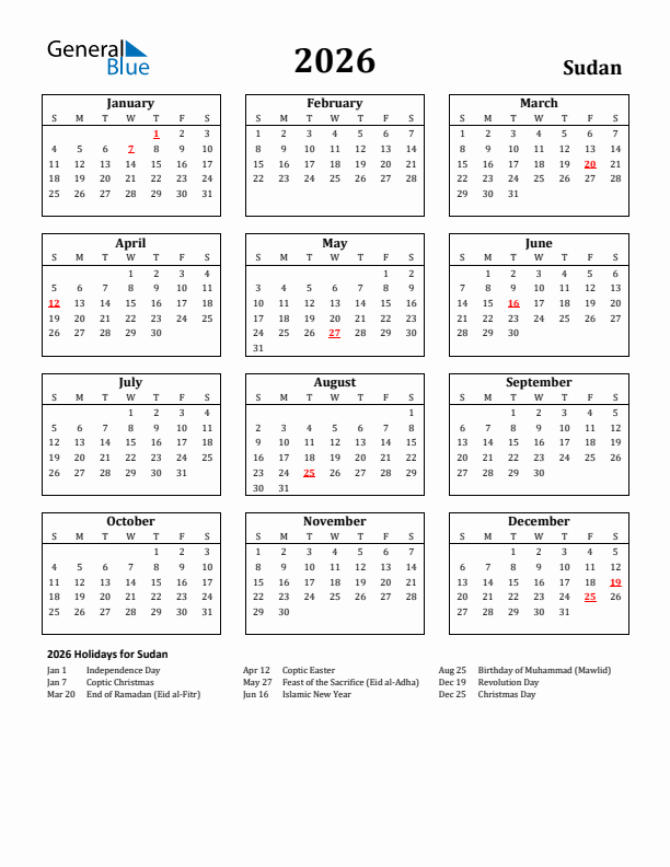 2026 Sudan Holiday Calendar - Sunday Start