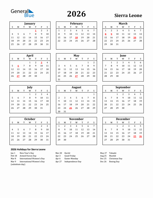 2026 Sierra Leone Holiday Calendar - Sunday Start