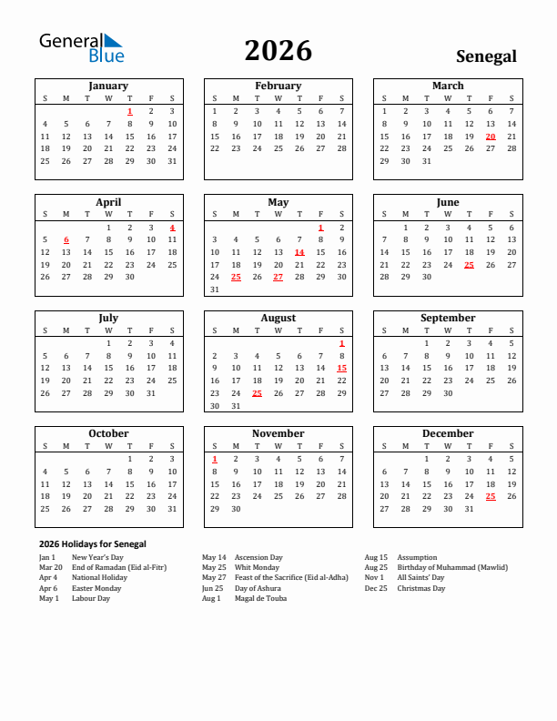 2026 Senegal Holiday Calendar - Sunday Start