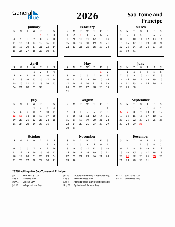 2026 Sao Tome and Principe Holiday Calendar - Sunday Start