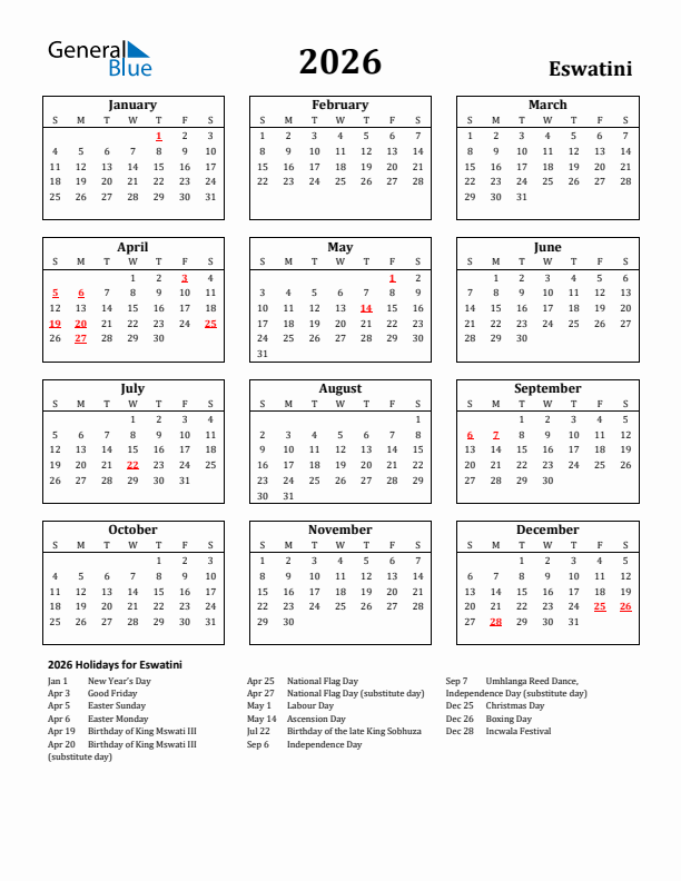 2026 Eswatini Holiday Calendar - Sunday Start