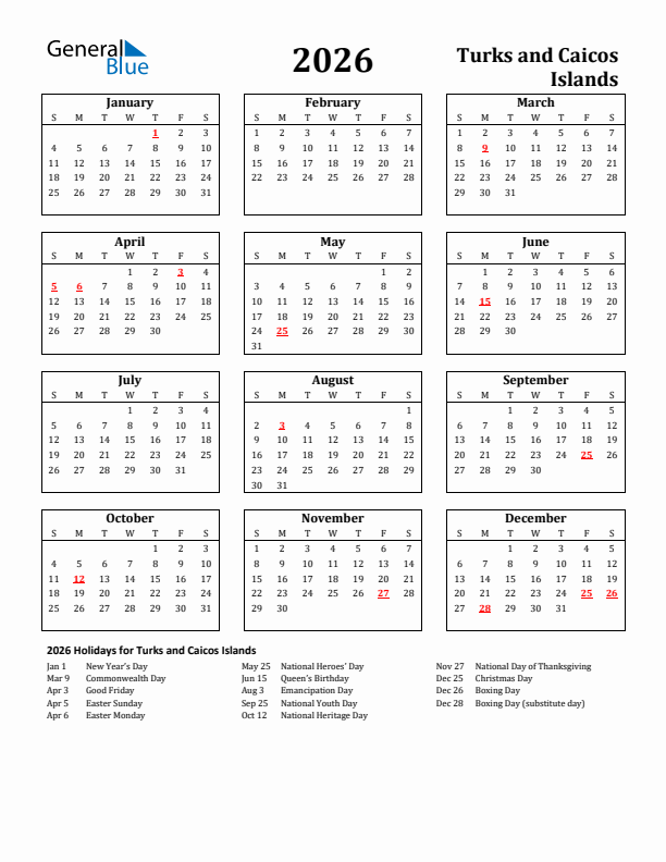 2026 Turks and Caicos Islands Holiday Calendar - Sunday Start