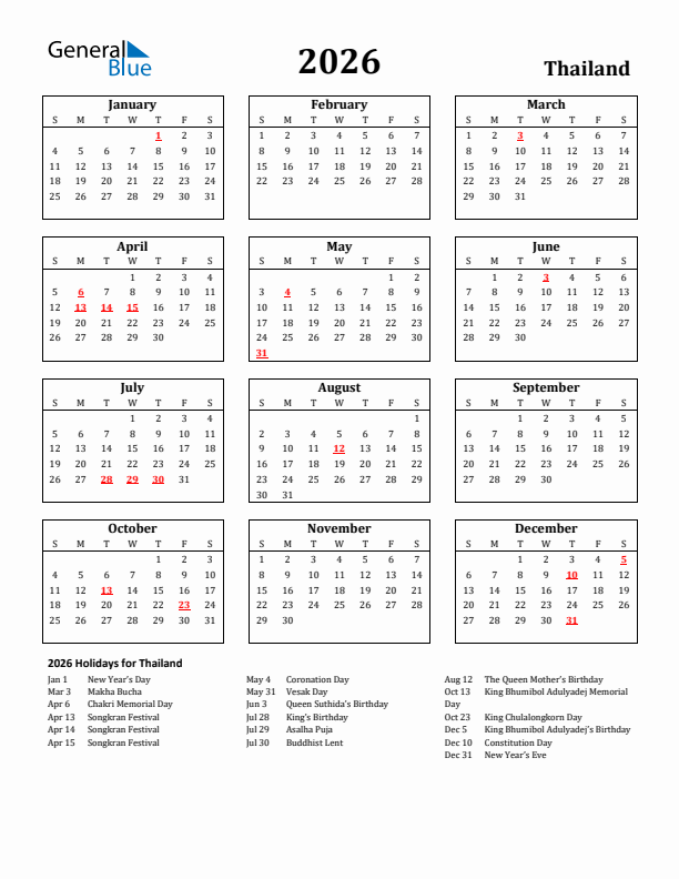2026 Thailand Holiday Calendar - Sunday Start