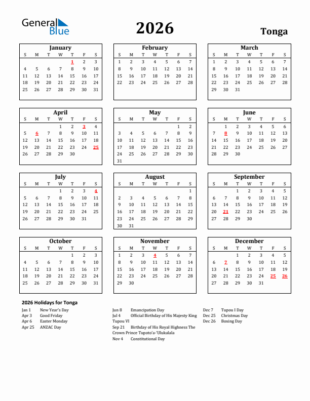 2026 Tonga Holiday Calendar - Sunday Start