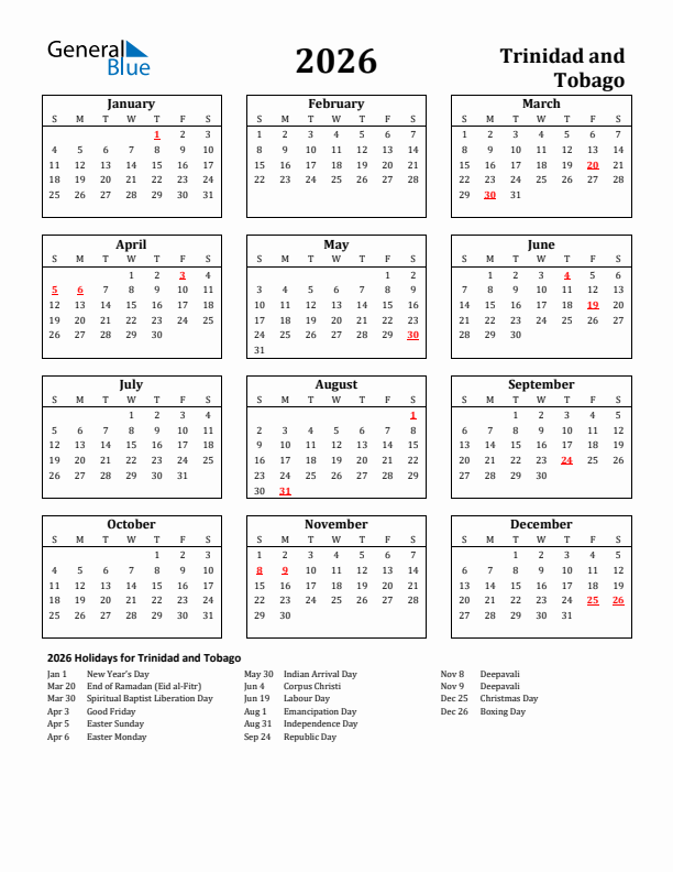 2026 Trinidad and Tobago Holiday Calendar - Sunday Start