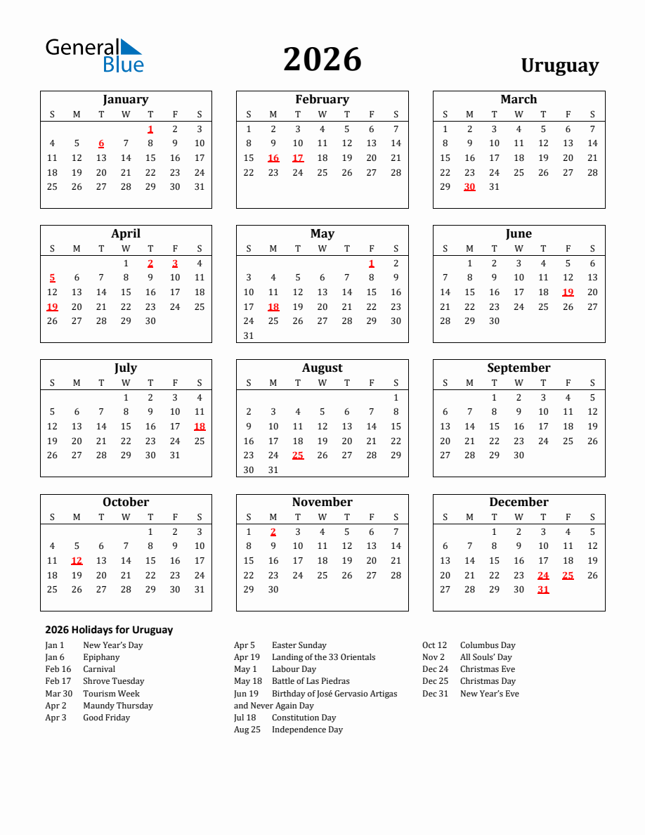 Free Printable 2026 Uruguay Holiday Calendar