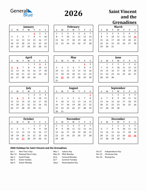 2026 Saint Vincent and the Grenadines Holiday Calendar - Sunday Start