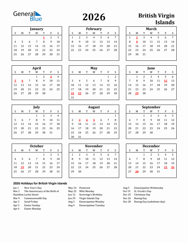2026 British Virgin Islands Holiday Calendar - Sunday Start