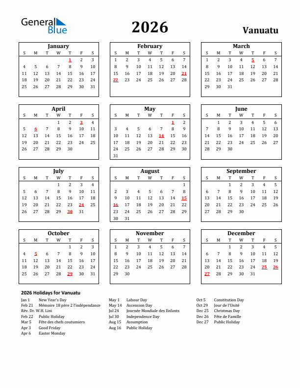 2026 Vanuatu Holiday Calendar - Sunday Start