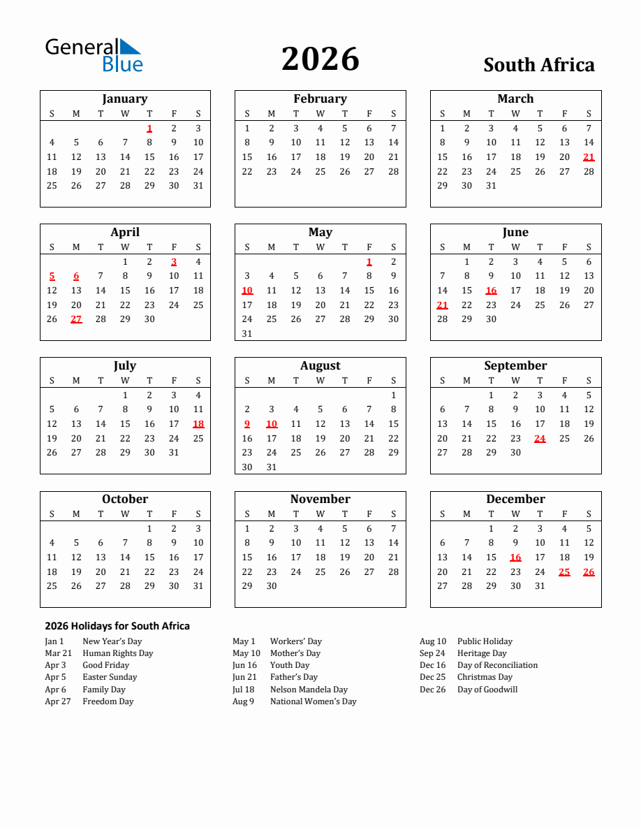 Free Printable 2026 South Africa Holiday Calendar Free Printable 2026 South Africa Holiday Calendar