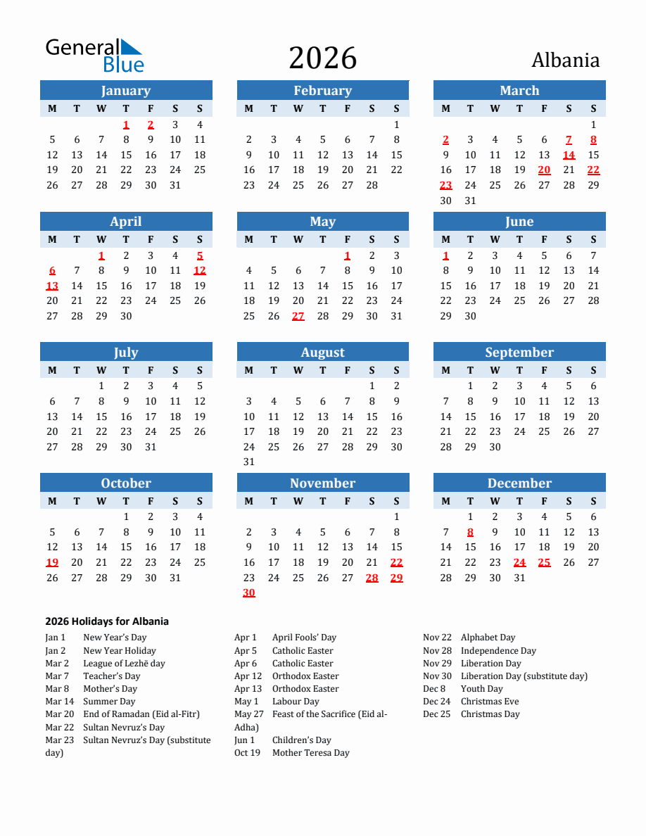 2026 Printable Calendar with Albania Holidays - Monday Start