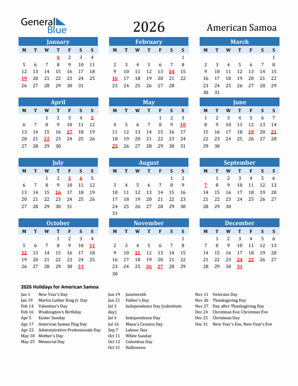 Printable Calendar 2026 with American Samoa Holidays (Monday Start)