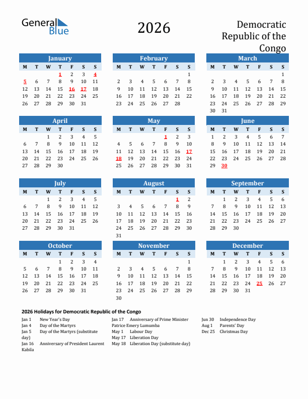 Printable Calendar 2026 with Democratic Republic of the Congo Holidays (Monday Start)