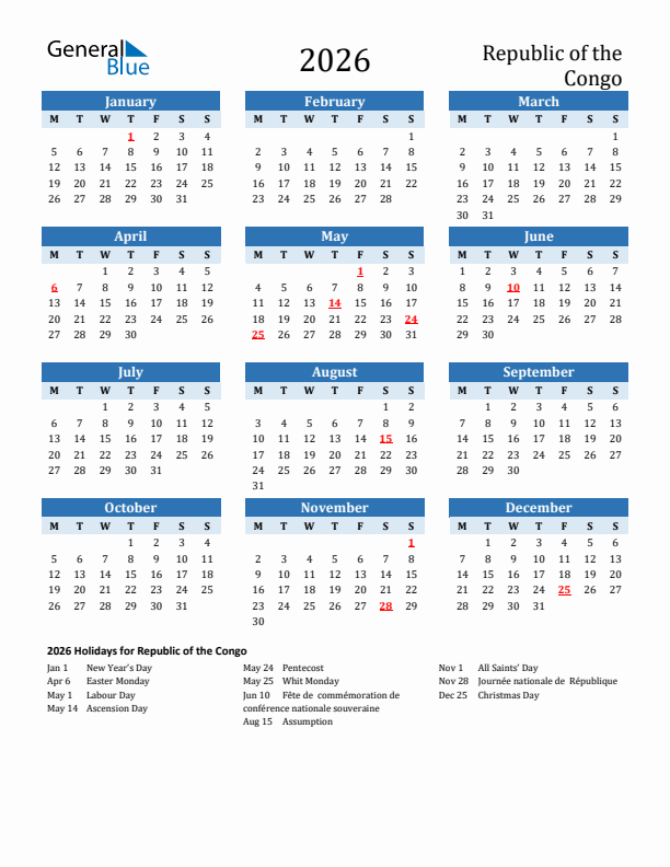 Printable Calendar 2026 with Republic of the Congo Holidays (Monday Start)