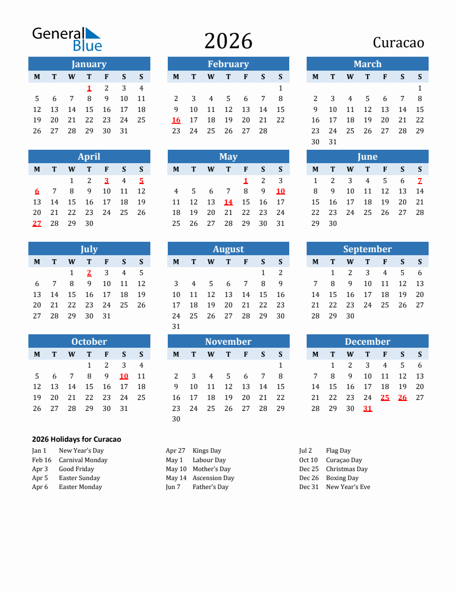 2026 Printable Calendar with Curacao Holidays - Monday Start