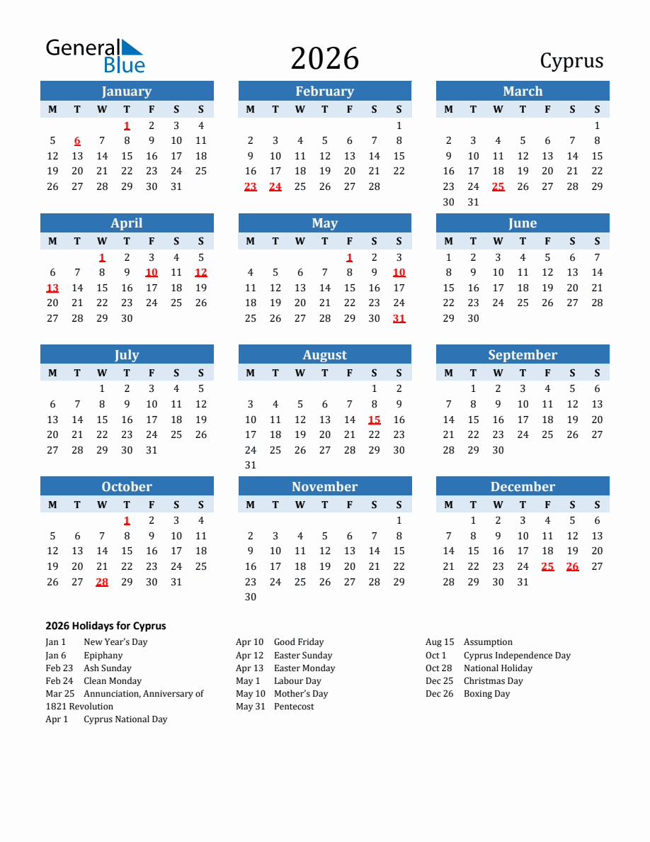 2026 Printable Calendar with Cyprus Holidays - Monday Start