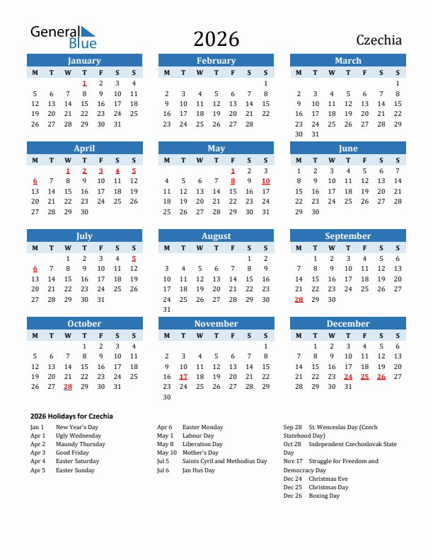 Printable Calendar 2026 with Czechia Holidays (Monday Start)