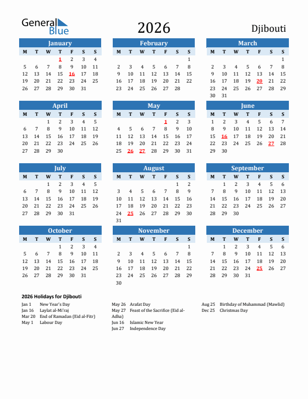 Printable Calendar 2026 with Djibouti Holidays (Monday Start)