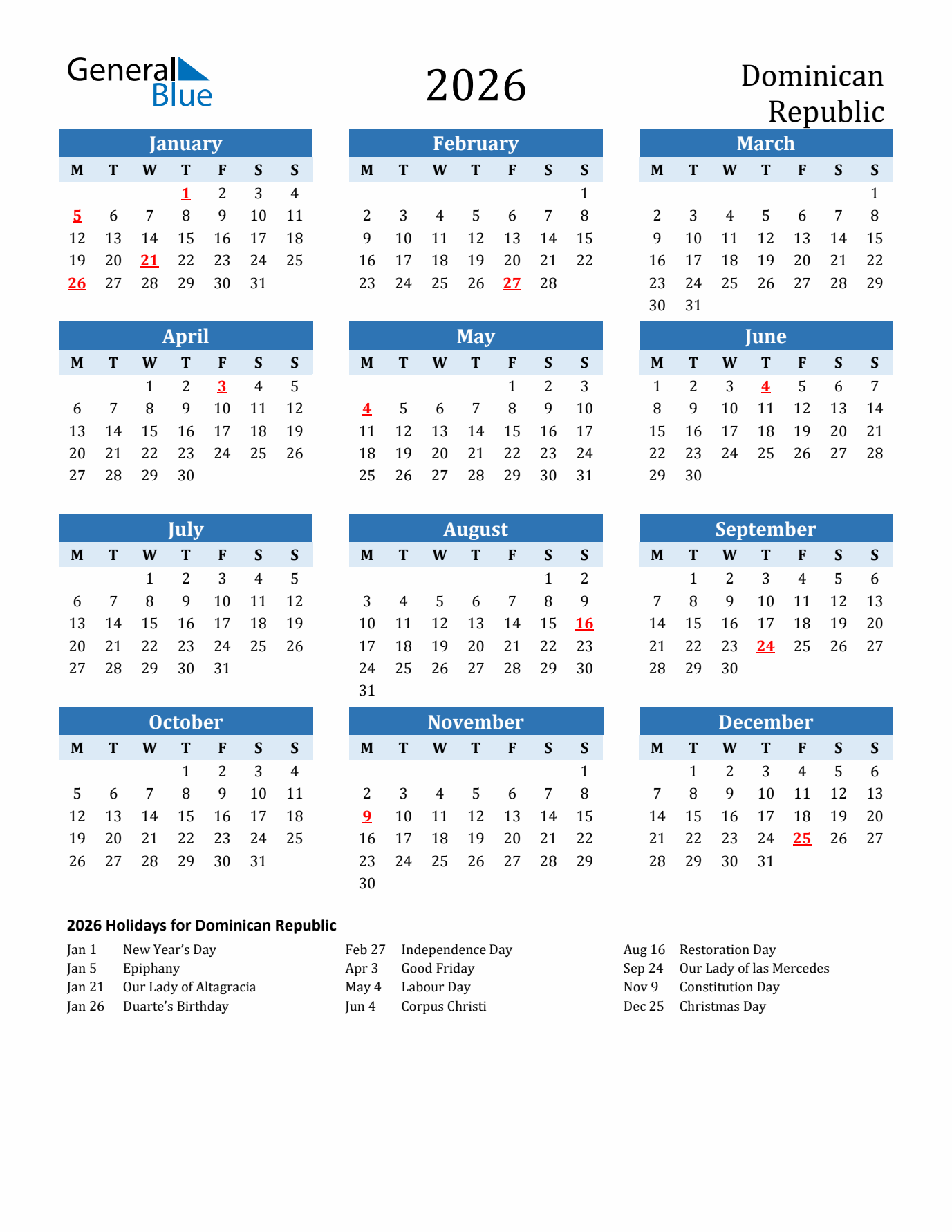 Printable Calendar 2026 with Dominican Republic Holidays (Monday Start)