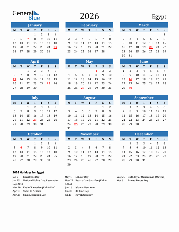 Printable Calendar 2026 with Egypt Holidays (Monday Start)
