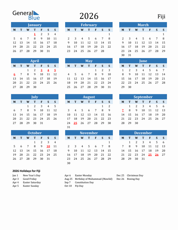 Printable Calendar 2026 with Fiji Holidays (Monday Start)