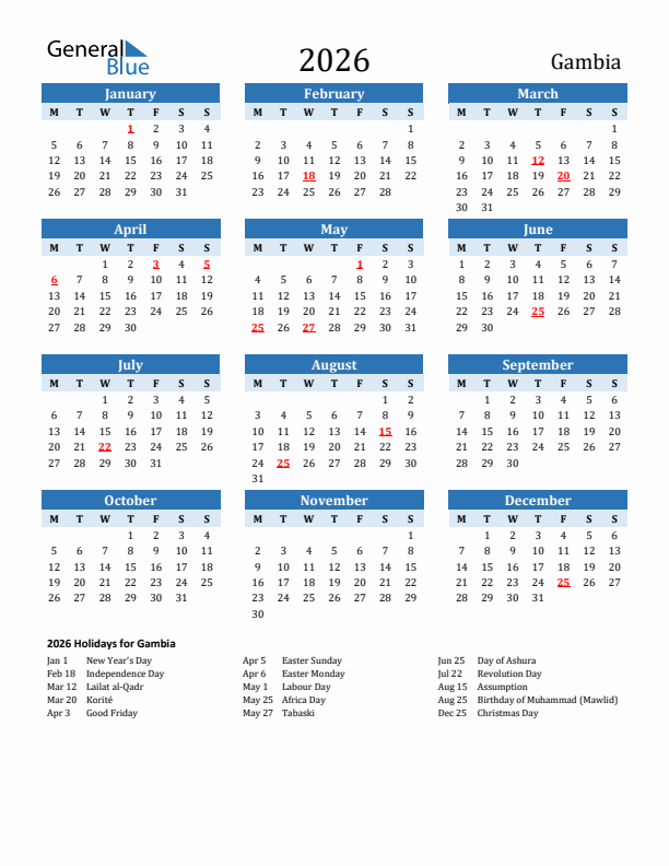 Printable Calendar 2026 with Gambia Holidays (Monday Start)